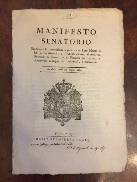 Manifesto Senatorio notificante la convenzione seguita tra le Loro Maestà …