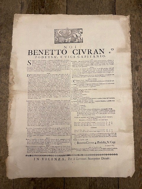 Noi Benetto Civran podetsà, e vice Capitanio. Soggetta la Tassa …