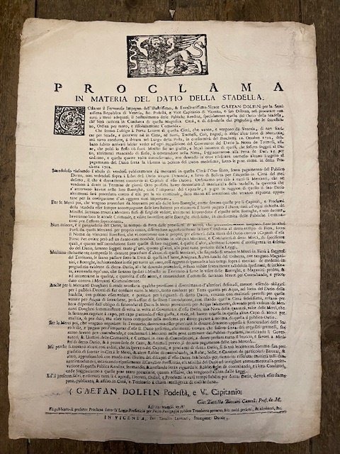 Proclama in materia del Datio della Stadella. Costante il fervoroso …