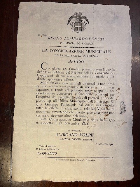 Regno Lombardo-Veneto Provincia di Vicenza. La Congregazione Municipale della regia …