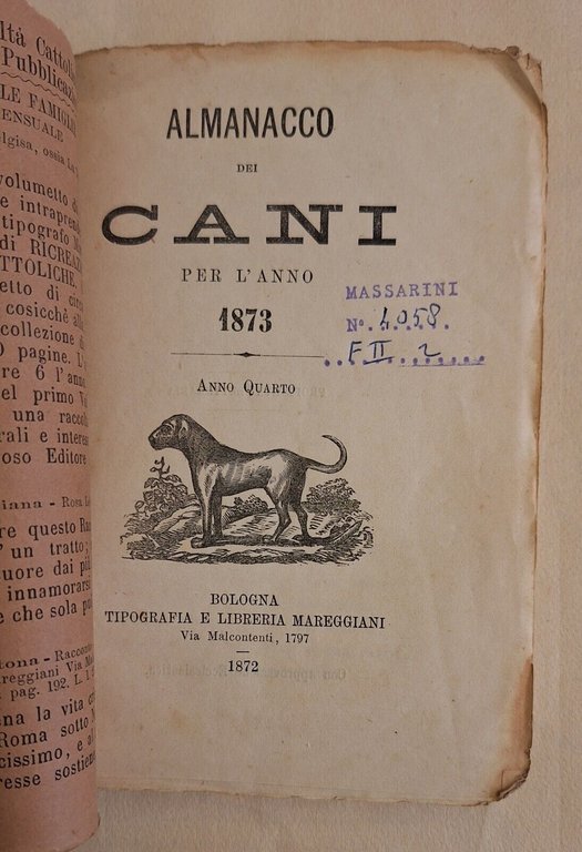 ALMANACCO DEI CANI PER L'ANNO 1873 ANNO IV BOLOGNA 1872 …