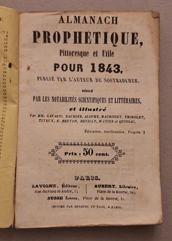 ALMANACH PROPHETIQUE PITTORESQUE ET UTILE POUR 1843 PARIS LAVIGNE AUBERT