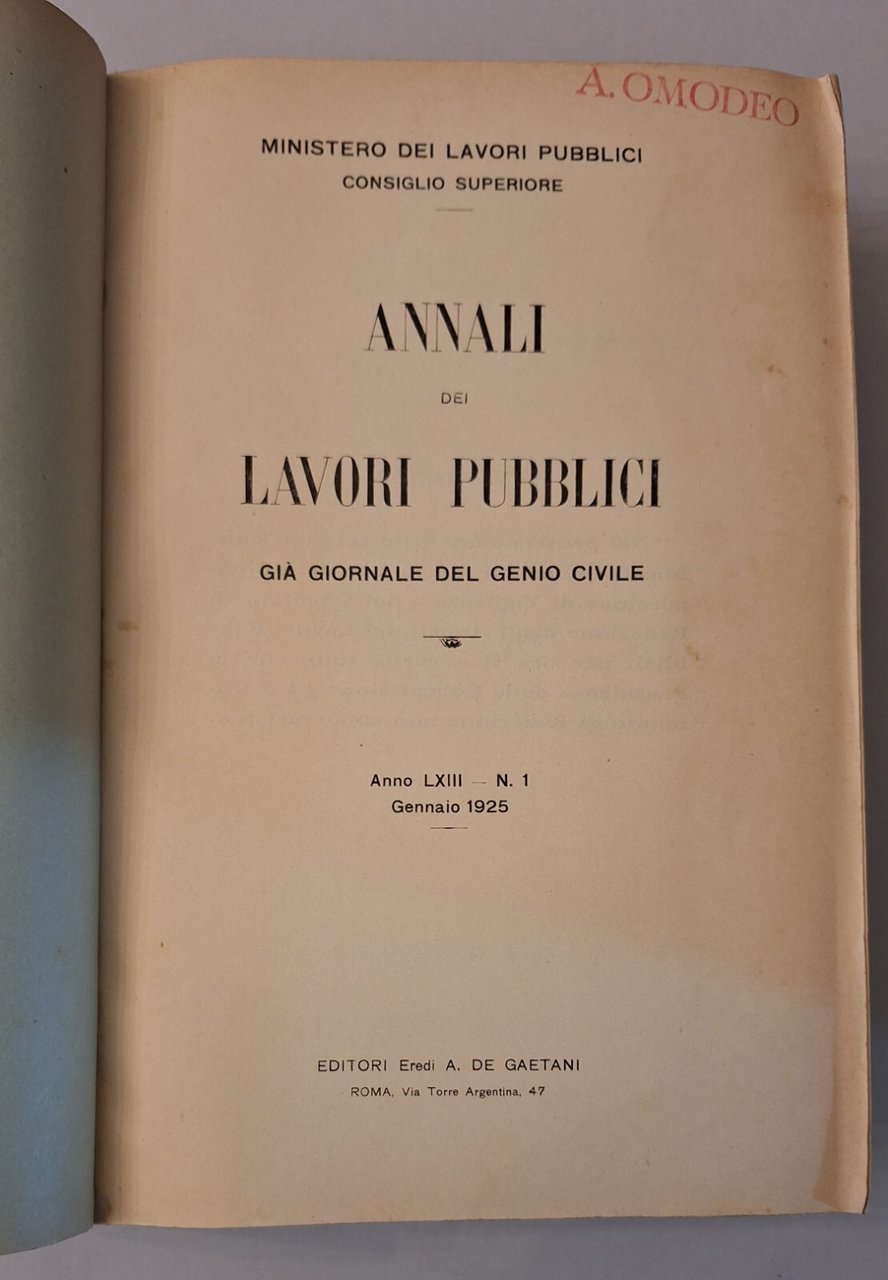 ANNALI DEI LAVORI PUBBLICI GIA' GIORNALE DEL GENIO CIVILE 1925 …