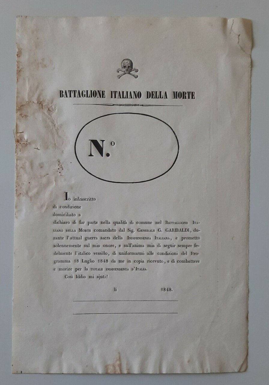 BATTAGLIONE ITALIANO DELLA MORTE MODULO DI ARRUOLAMENTO GARIBALDI 1848