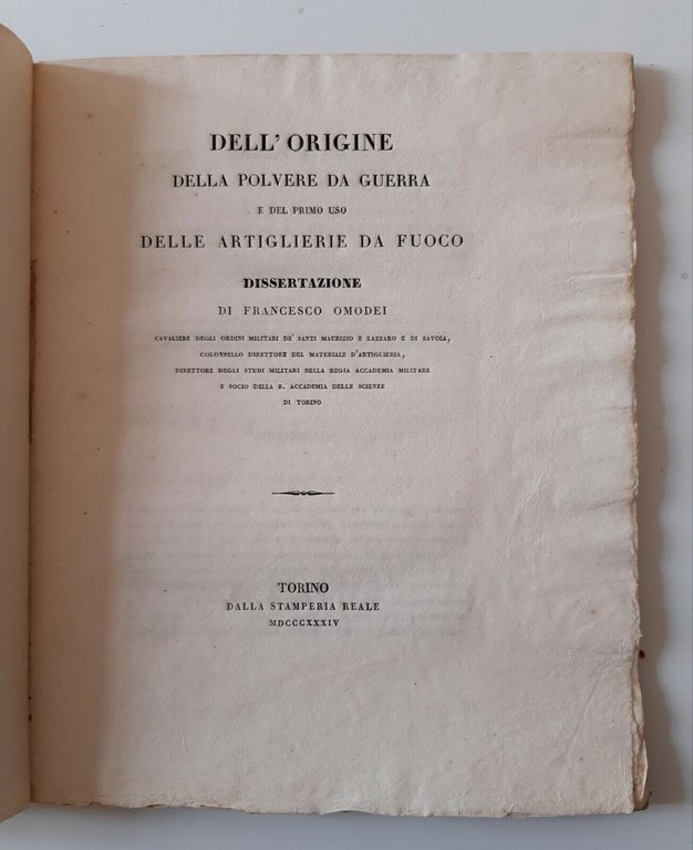 DELL'ORIGINE DELLA POLVERE DA GUERRA DI F. OMODEI TORINO STAMPERIA REALE 1834
