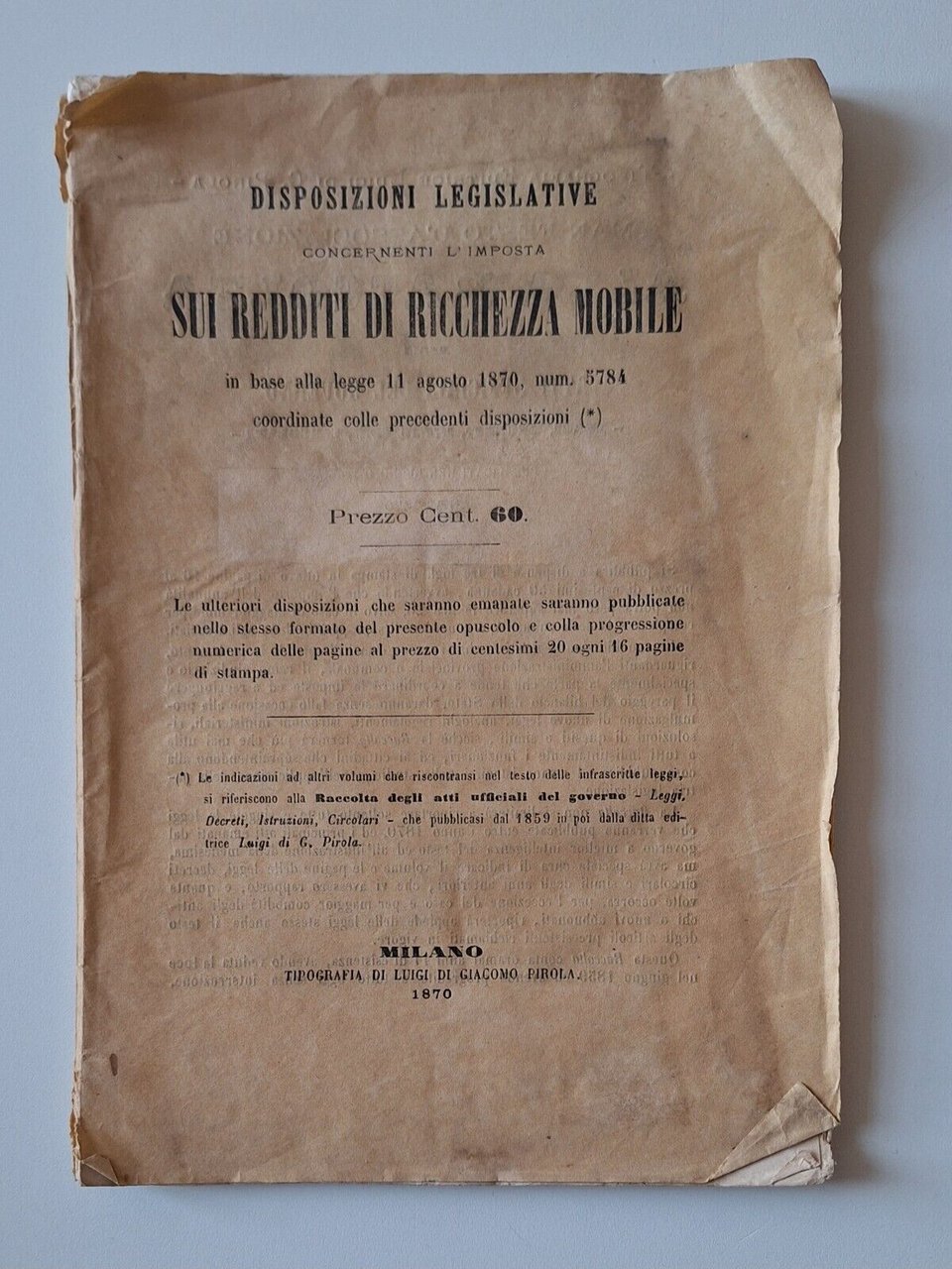DISPOSIZIONI LEGISLATIVE.. L'IMPOSTA SUI REDDITI DI RICCHEZZA MOBILE PIROLA 1870
