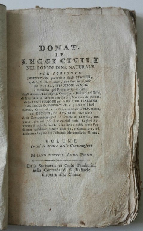 DOMAT LE LEGGI CIVILI NEL L'ORDINE NATURALE STAMPERIA TAMBURINI 1802