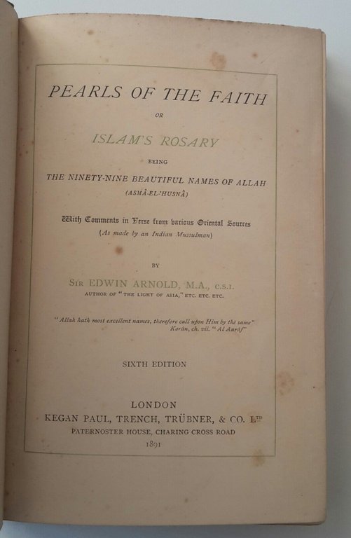 EDWIN ARNOLD PEARLS OF THE FAITH OR ISLAM ROSARY KEGAN …
