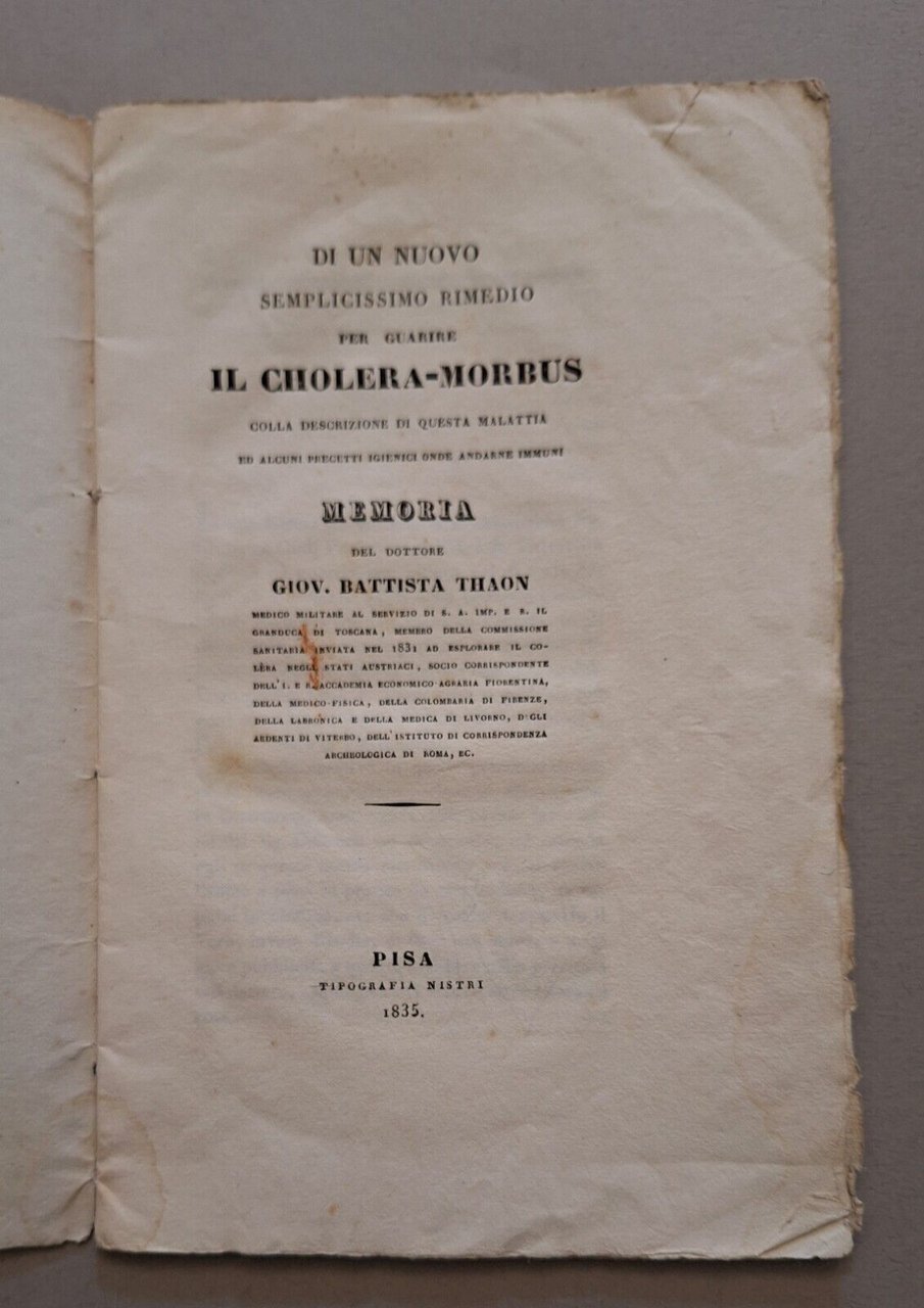 GIOV. BATTISTA THAON UN NUOVO METODO PER GUARIRE IL CHOLERA …
