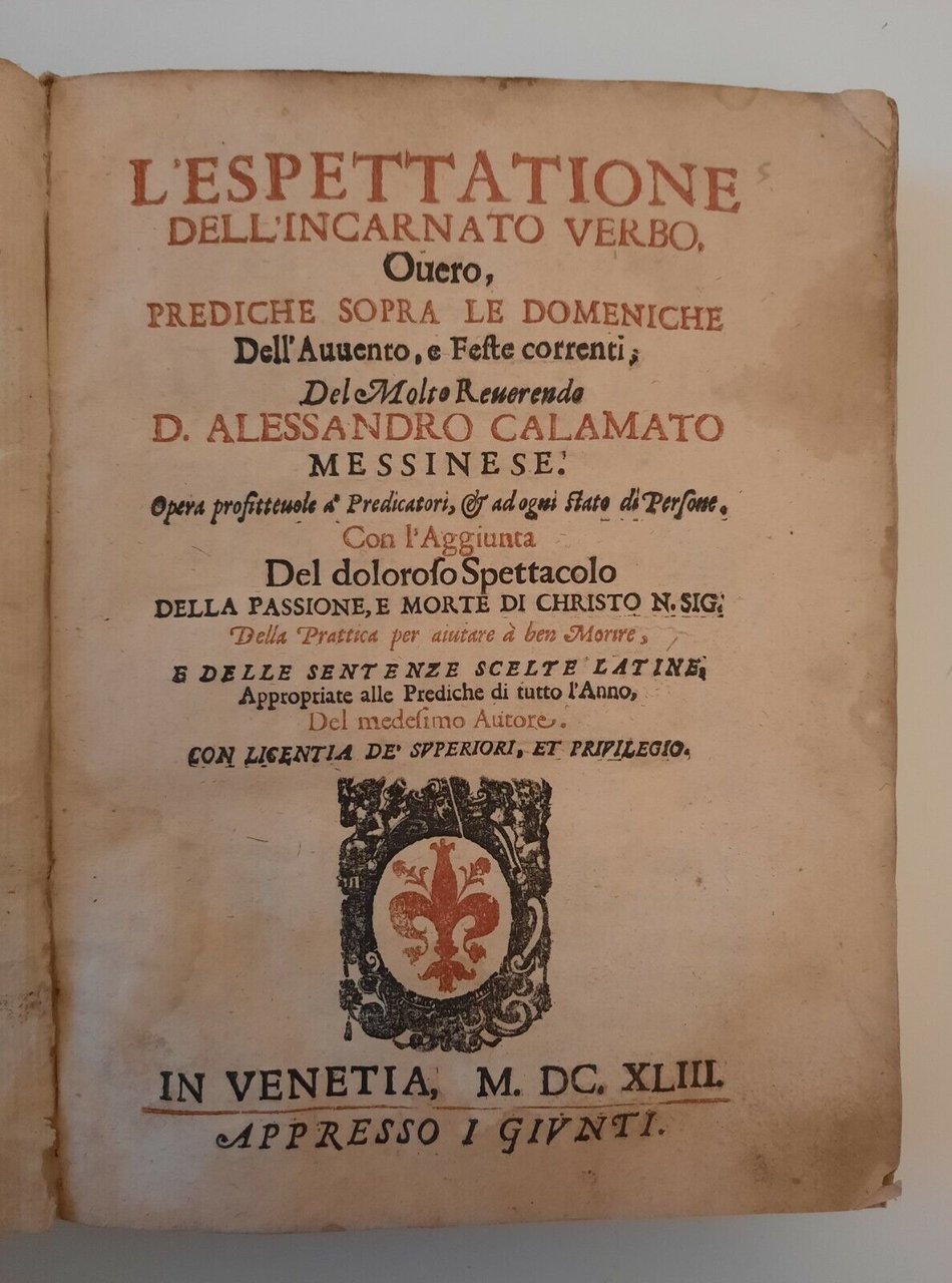 L'ESPETTATIONE DELL'INCARNATO VERBO DI ALESSANDRO CALAMATO MESSINESE GIUNTI 1643