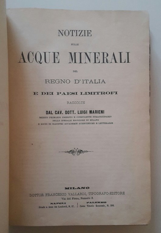 L. MARIENI NOTIZIE SULLE ACQUE MINERALI DEL REGNO D'ITALIA VALLARDI …