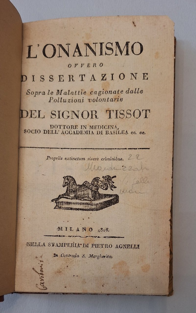 L'ONANISMO DEL SIGNOR TISSOT MILANO 1816 STAMPERIA PIETRO AGNELLI
