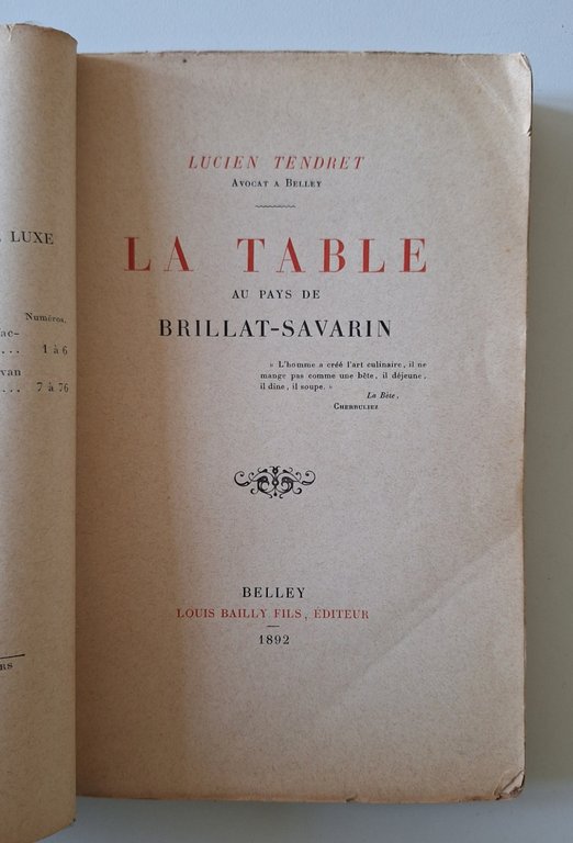 L. TENDRET LA TABLE AU PAYS DE BRILLAT SAVARIN BELLEY …