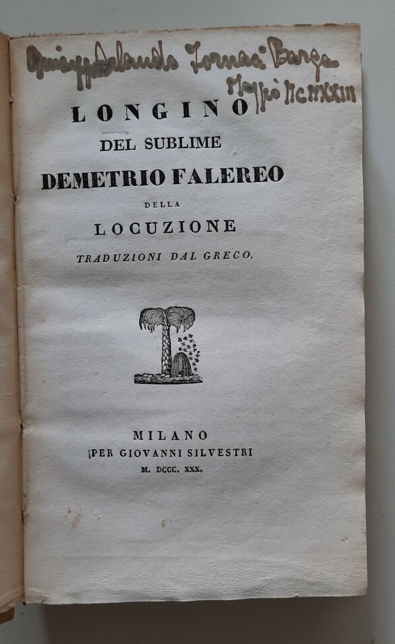 LONGINO DEL SUBLIME DEMETRIO FALEREO DELLA LOCUZIONE MILANO G. SILVESTRI …