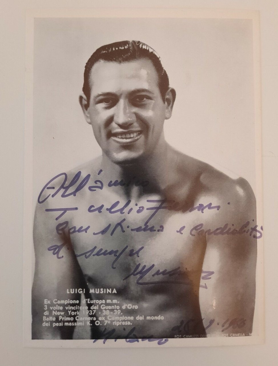 LUIGI MUSINA CARTOLINA CON DEDICA AUTOGRAFA BOXE PUGILATO