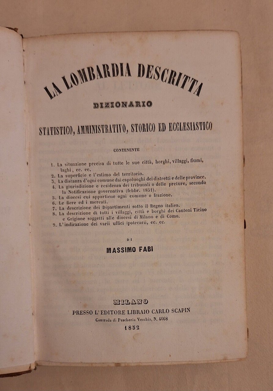 M. FABI LA LOMBARDIA DESCRITTA DIZIONARIO STATISTICO ...ED. C. SCAPIN …