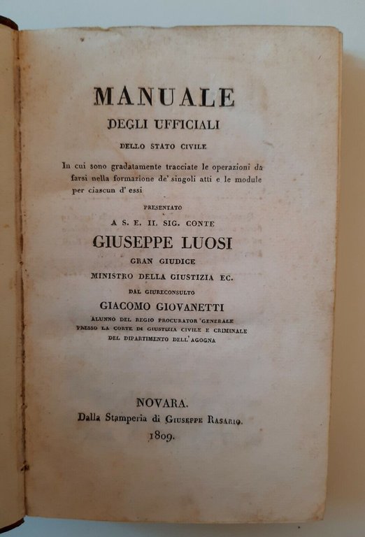 MANUALE DEGLI UFFICIALI DELLO STATO CIVILE G. GIOVANNETTI NOVARA RASARIO …