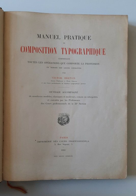 MANUEL PRATIQUE DE COMPOSITION TYPOGRAPHIQUE PARIS IMP. DE COURS PROF. …