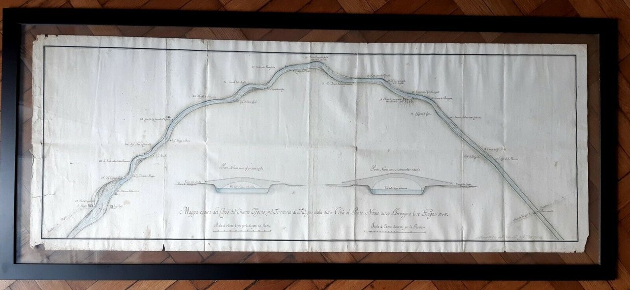 MAPPA ESATTA DEL FIUME TOPINO FOLIGNO UMBRIA 1746 CARTA ANTICA