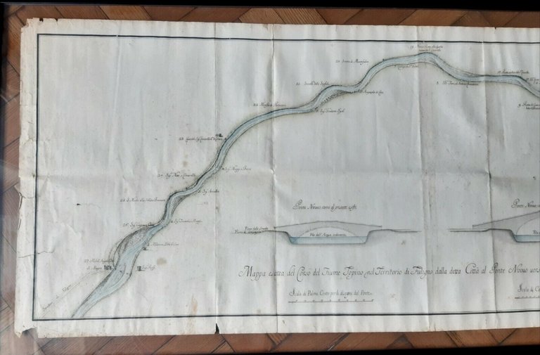 MAPPA ESATTA DEL FIUME TOPINO FOLIGNO UMBRIA 1746 CARTA ANTICA