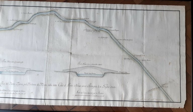 MAPPA ESATTA DEL FIUME TOPINO FOLIGNO UMBRIA 1746 CARTA ANTICA