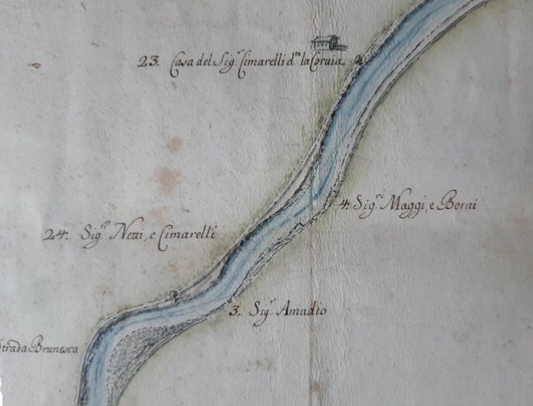 MAPPA ESATTA DEL FIUME TOPINO FOLIGNO UMBRIA 1746 CARTA ANTICA