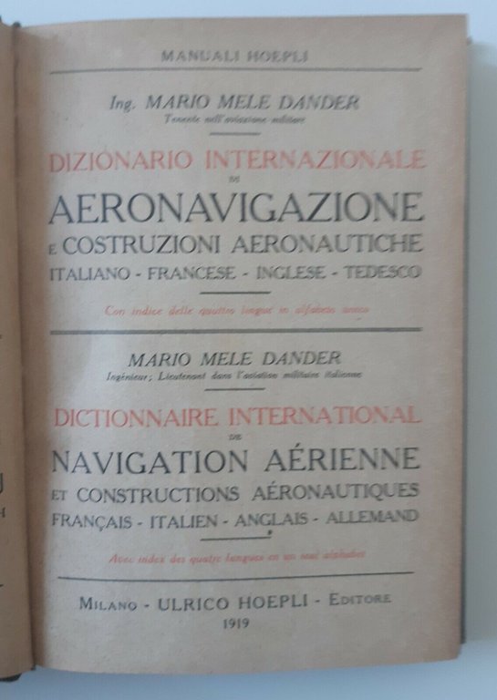 MELE DANDER DIZIONARIO INTERNAZIONALE DI AERONAVIGAZIONE HOEPLI 1919