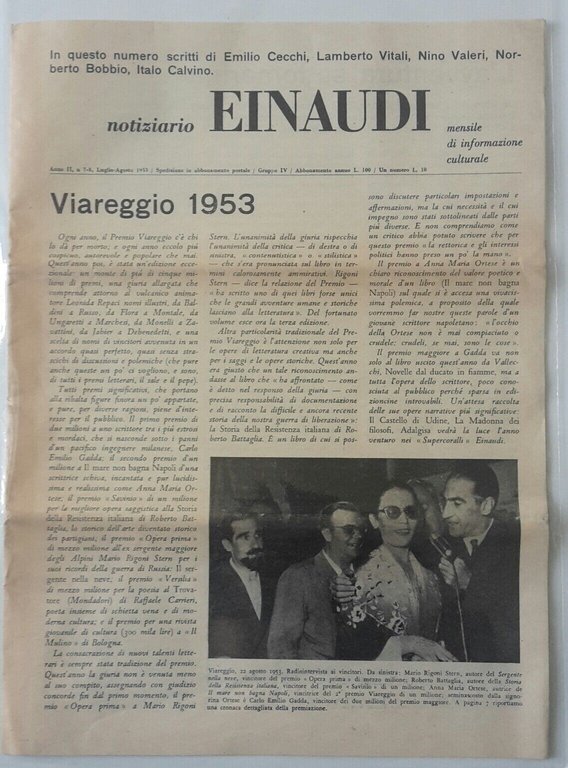 NOTIZIARIO EINAUDI ANNO 2° N. 7-8 LUGLIO AGOSTO 1953 BOBBIO …