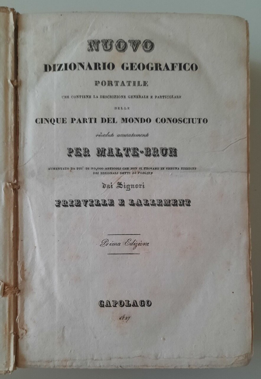 NUOVO DIZIONARIO GEOGRAFICO PORTATILE MALTE-BRUN CAPOLEGA 1827