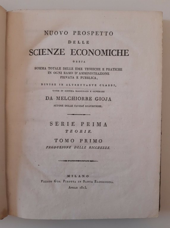 NUOVO PROSPETTO DELLE SCIENZE ECONOMICHE DI MELCHIORRE GIOIA MILANO PIROTTA …