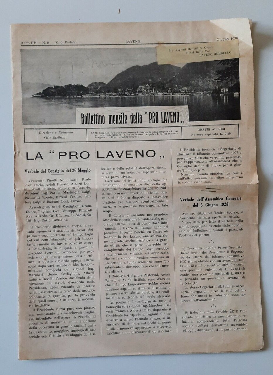 PRO LAVENO BOLLETTINO MENSILE ANNO 3 N. 6 1928 GIORNALE