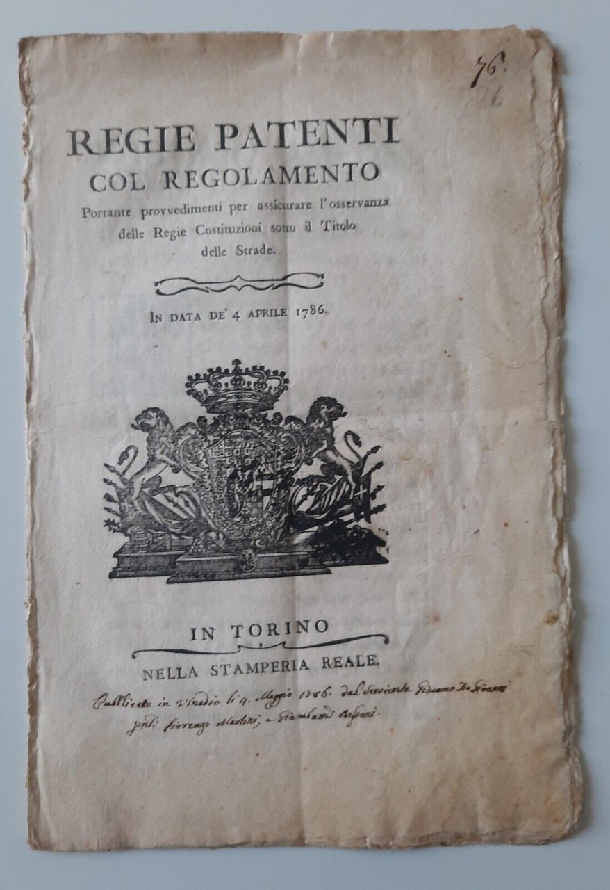 REGIE PATENTI COL REGOLAMENTO REGIE COSTRUZIONI TORINO 1786