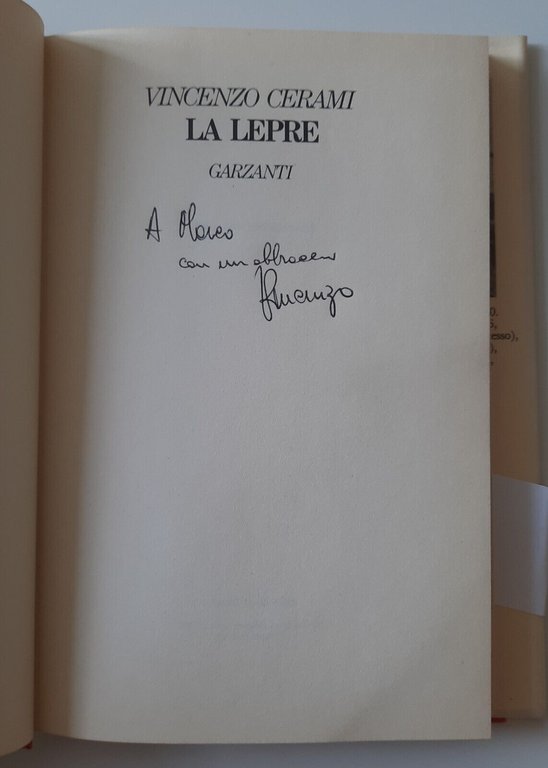 VINCENZO CERAMI LA LEPRE GARZANTI 1988 AUTOGRAFATO