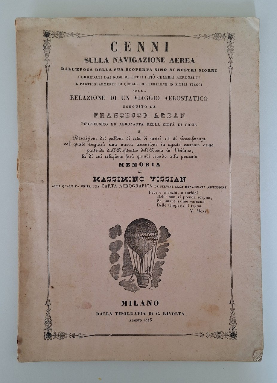 VISSIAN CENNI NAVIGAZIONE AEREA COLLA RELAZIONE VIAGGIO AEROSTATICO RIVOLT 1845