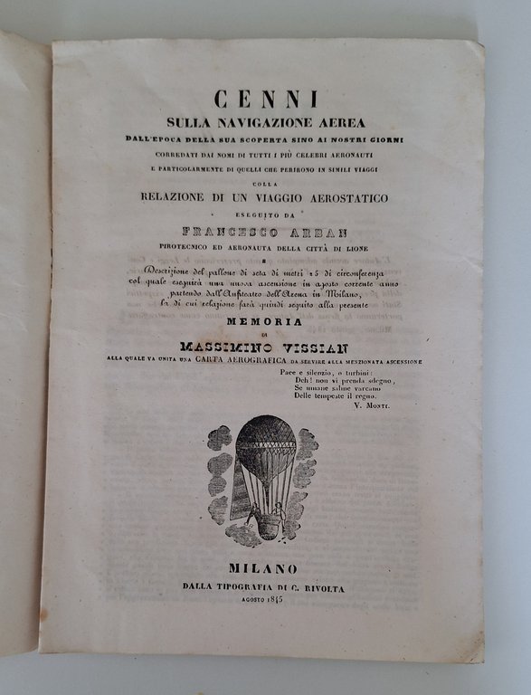 VISSIAN CENNI NAVIGAZIONE AEREA COLLA RELAZIONE VIAGGIO AEROSTATICO RIVOLT 1845