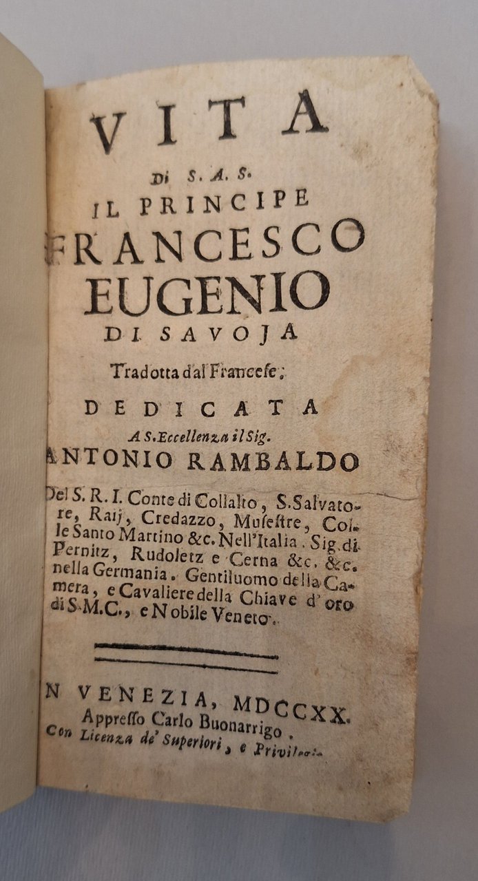 VITA DI S.A.S. IL PRINCIPE EUGENIO DI SAVOJA APPRESSO CARLO …
