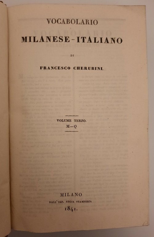 VOCABOLARIO MILANESE ITALIANO DI FRANCESCO CHERUBINI MILANO REGIA STAMPERIA 1839