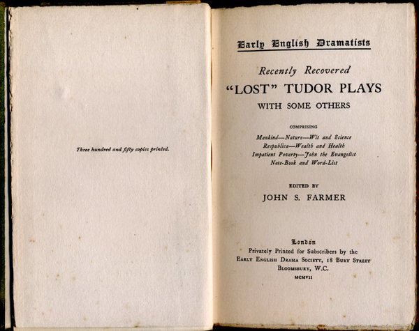 Recently Recovered 'Lost' Tudor Plays with some Others