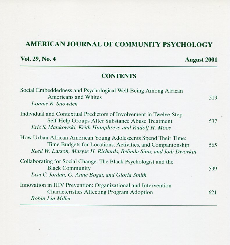 American Journal of Community Psychology : Aug 2001 : Vol … | Immagine principale
