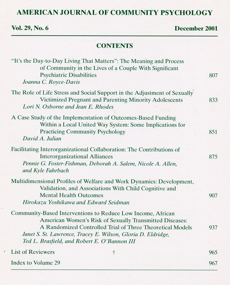 American Journal of Community Psychology : Dec 2001 : Vol … | Immagine principale