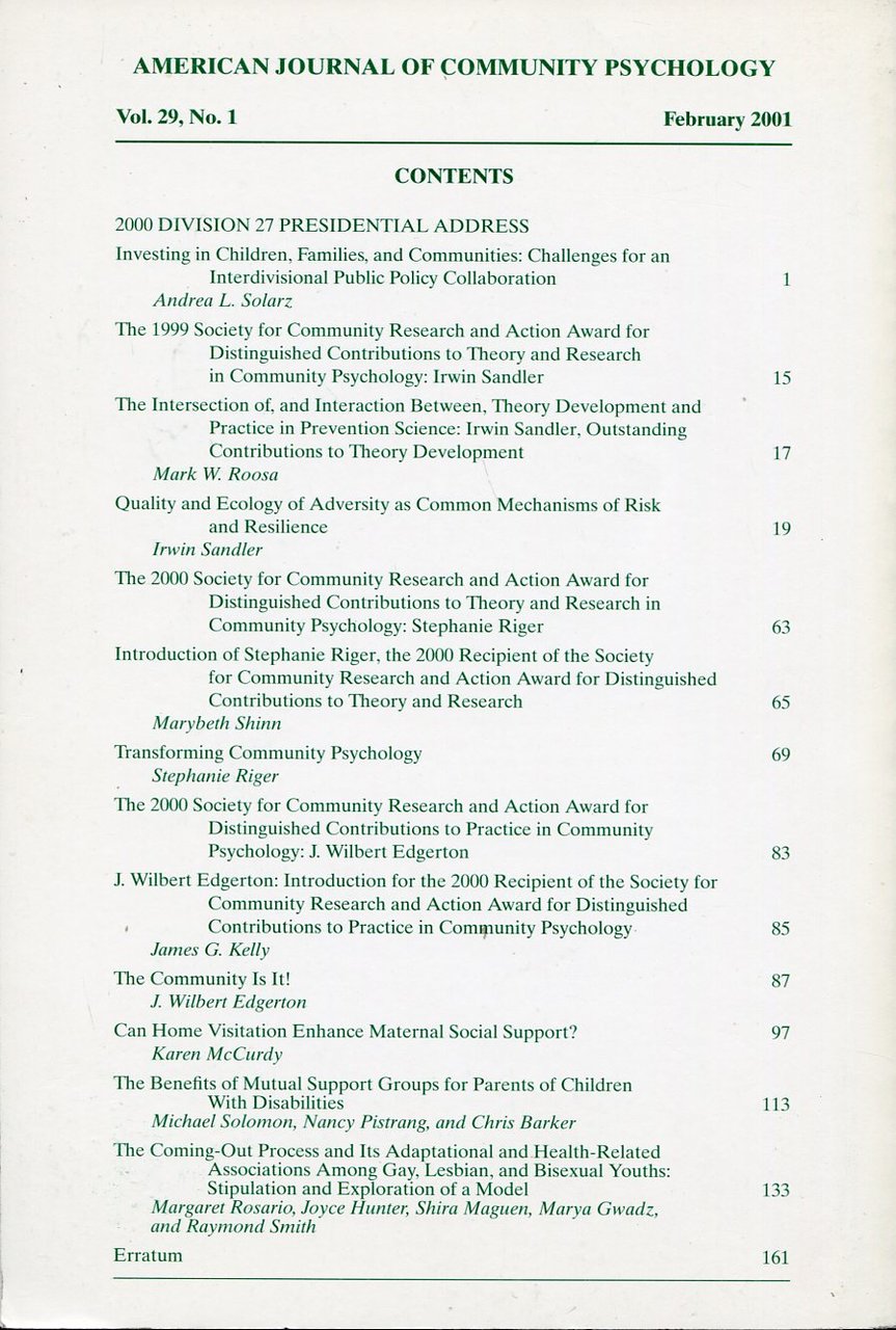 American Journal of Community Psychology : Feb 2001 : Vol … | Immagine principale