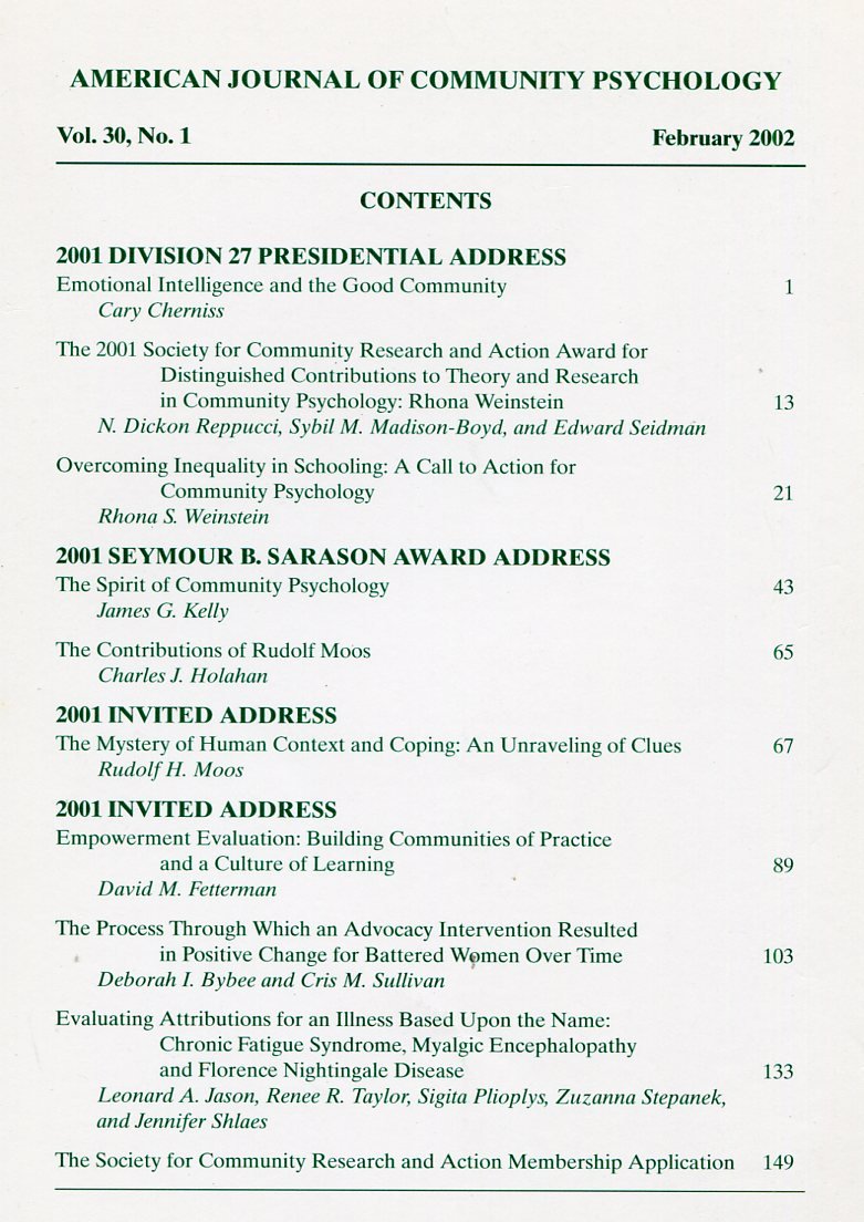 American Journal of Community Psychology : Feb 2002 : Vol … | Immagine principale