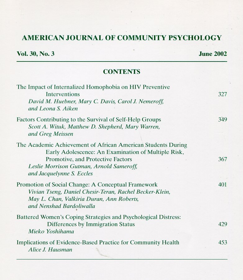 American Journal of Community Psychology : Jun 2002 : Vol … | Immagine principale