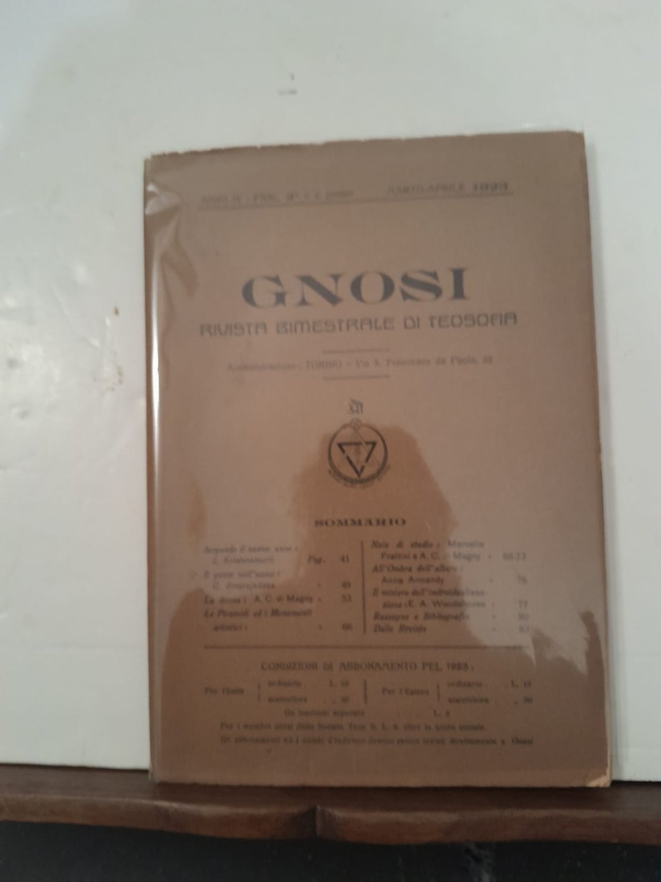 GNOSI pubblicazione bimestrale anno IV n° 2 marzo aprile 1923 …