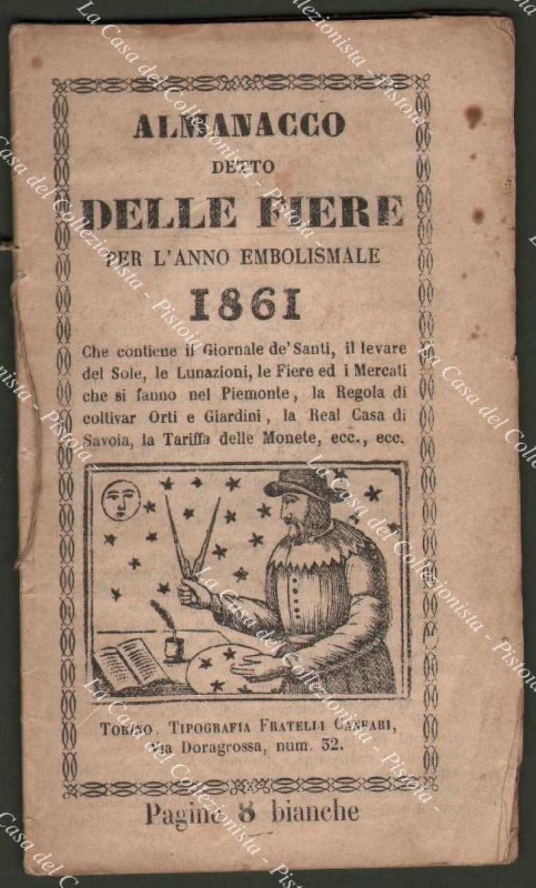 Anno 1861. PIEMONTE ‚Äì ALMANACCO DELLE FIERE. Contenente il Giornale …