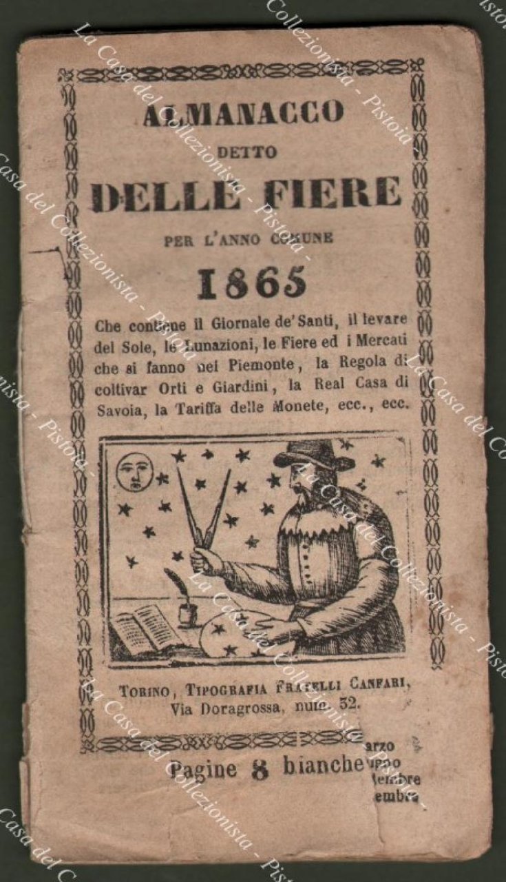 Anno 1865. PIEMONTE ‚Äì ALMANACCO DELLE FIERE. Contenente il Giornale …