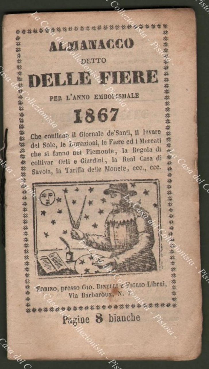 Anno 1867. PIEMONTE ‚Äì ALMANACCO DELLE FIERE. Contenente il Giornale …