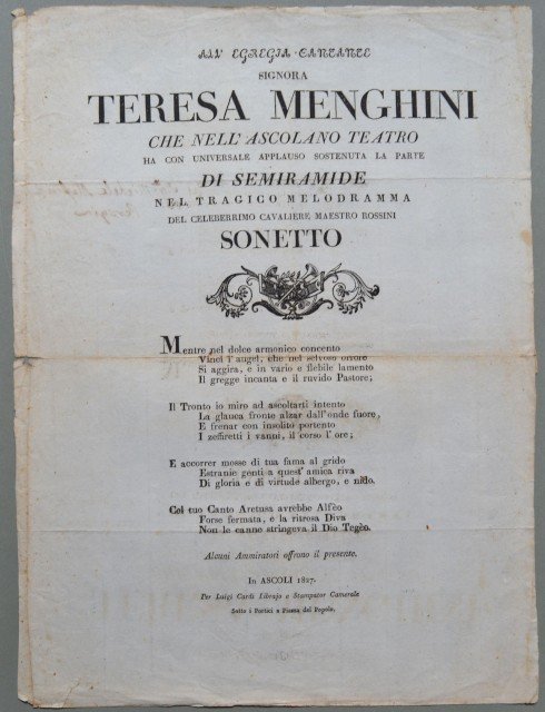 ASCOLI - TEATRO. Bando del 1827 contenente un sonetto di …