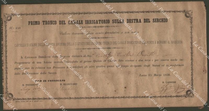 Azione. CANALE IRRIGATORIO SULLA DESTRA DEL SERCHIO. Anno 1856