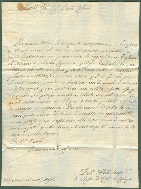 BERGAMO. CONTE ULISSE DI CALEPIO. Lettera del 4 Giugno 1777 …
